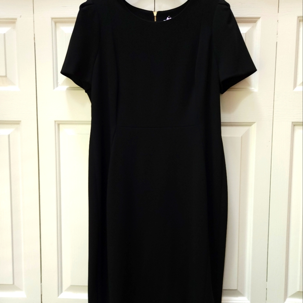 Calvin Klein black dress, short-sleeved, gold back zipper.